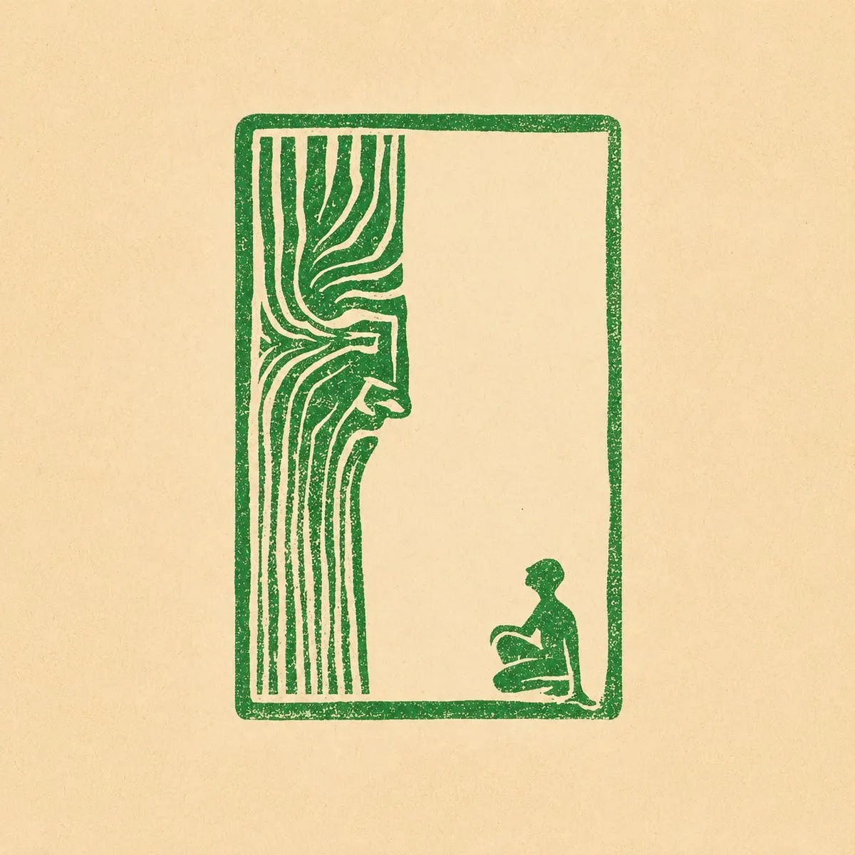 The bio mark: a linocut of a tree trunk whose grain forms a face in profile, and a small figure sitting on the ground looking up at it.