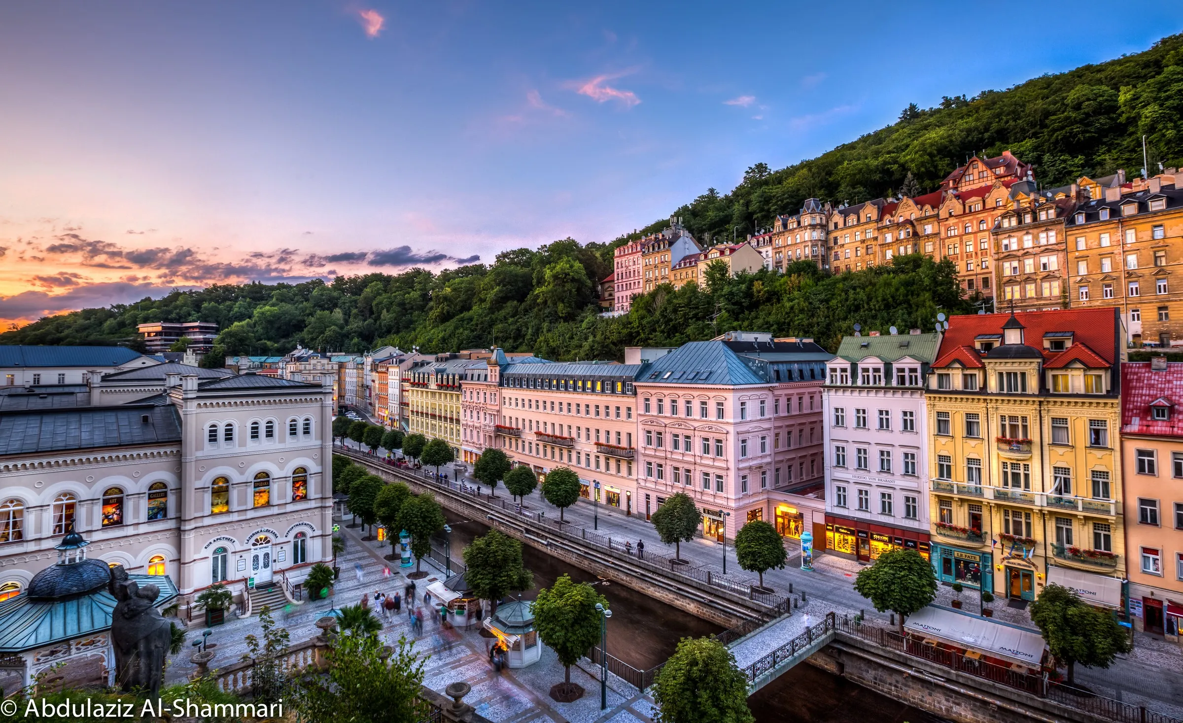 A Central European spa town at dusk
