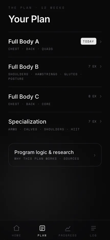 Training app screen
