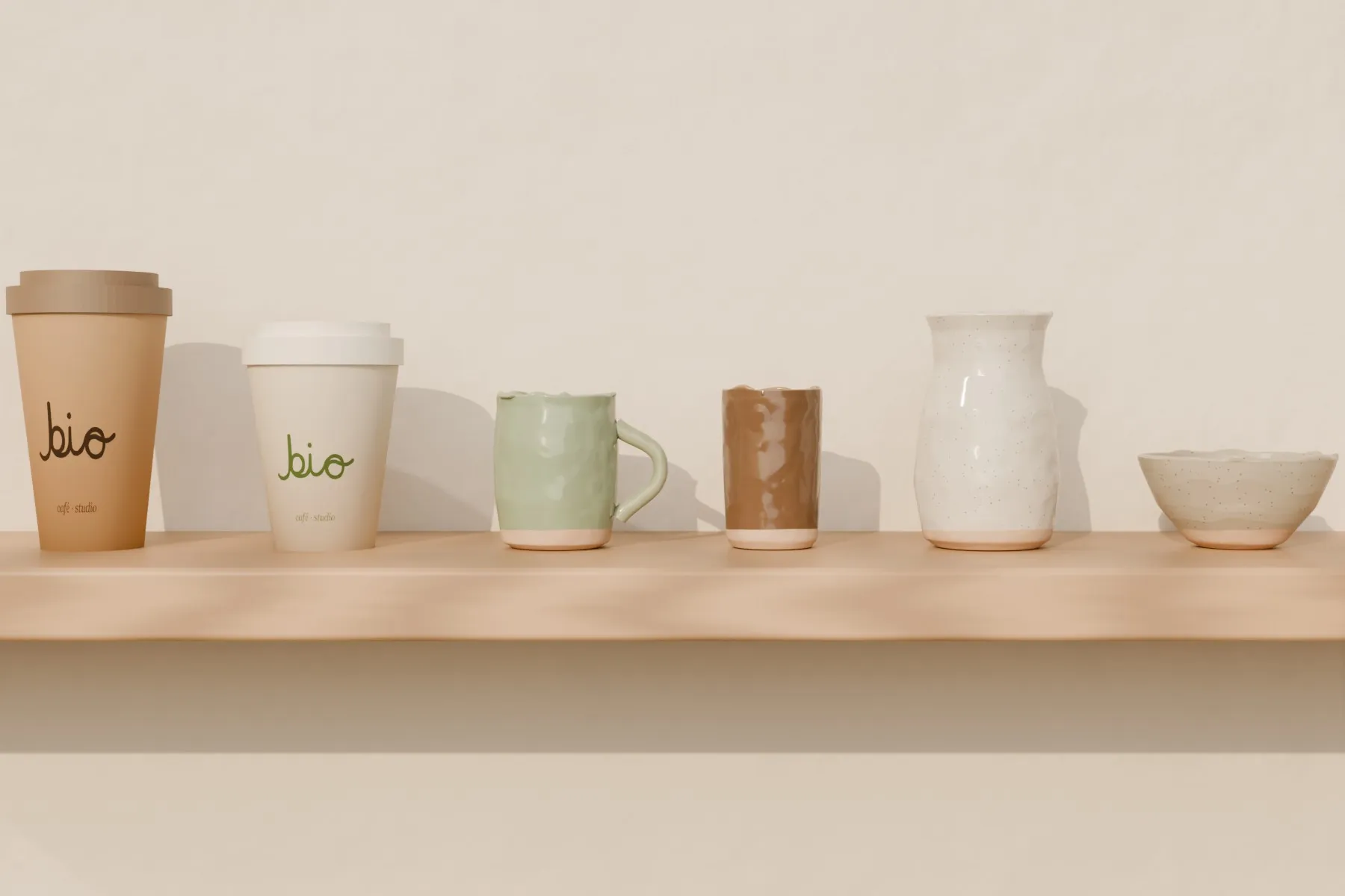 The cups: takeaway, celadon, iron, the jug and a bowl